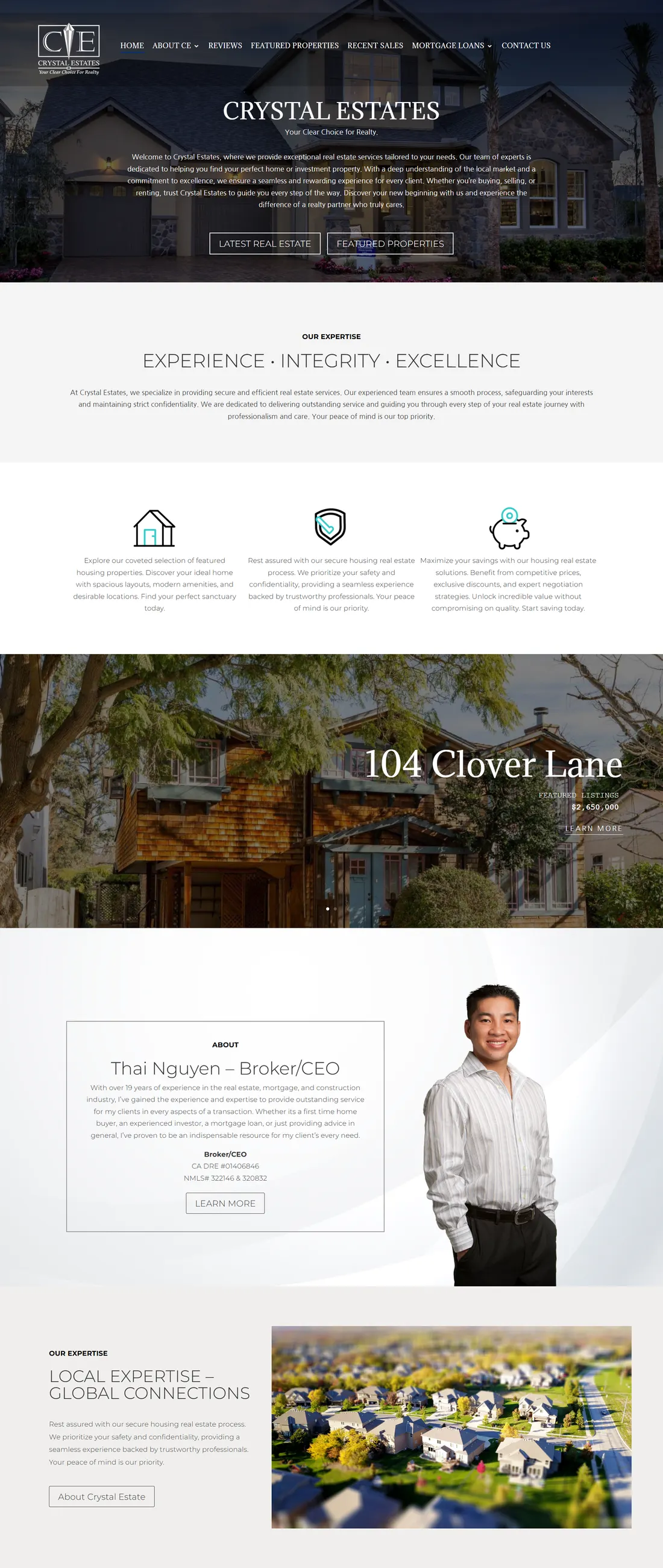 Crystal Estates real estate website with elegant property listings and agent profile