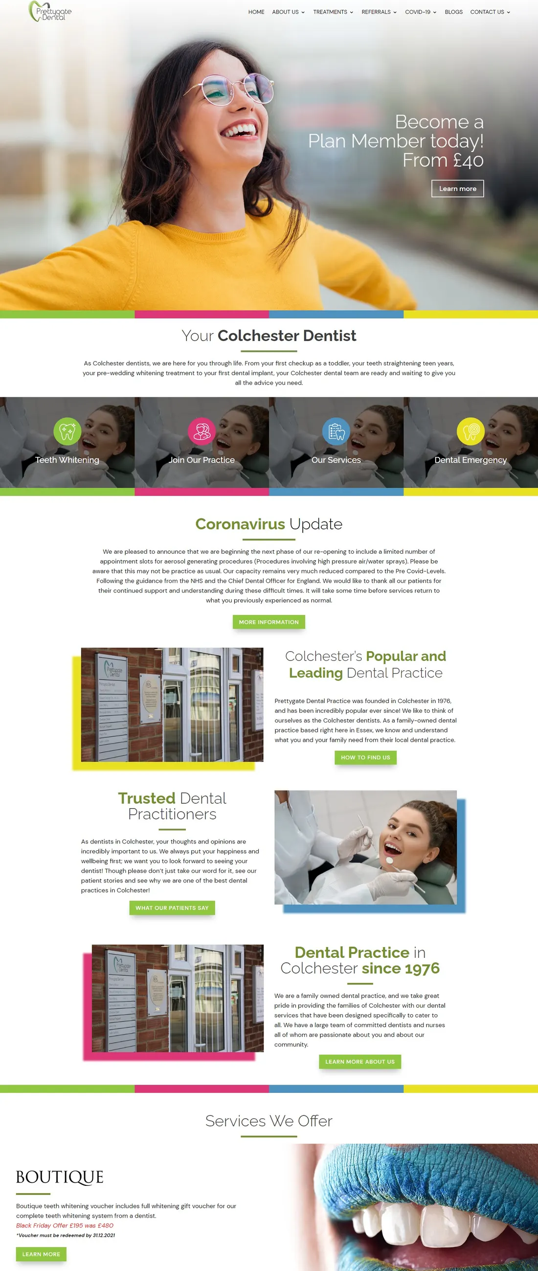 Pretty Gate Dental practice website with a bright hero and dental service sections