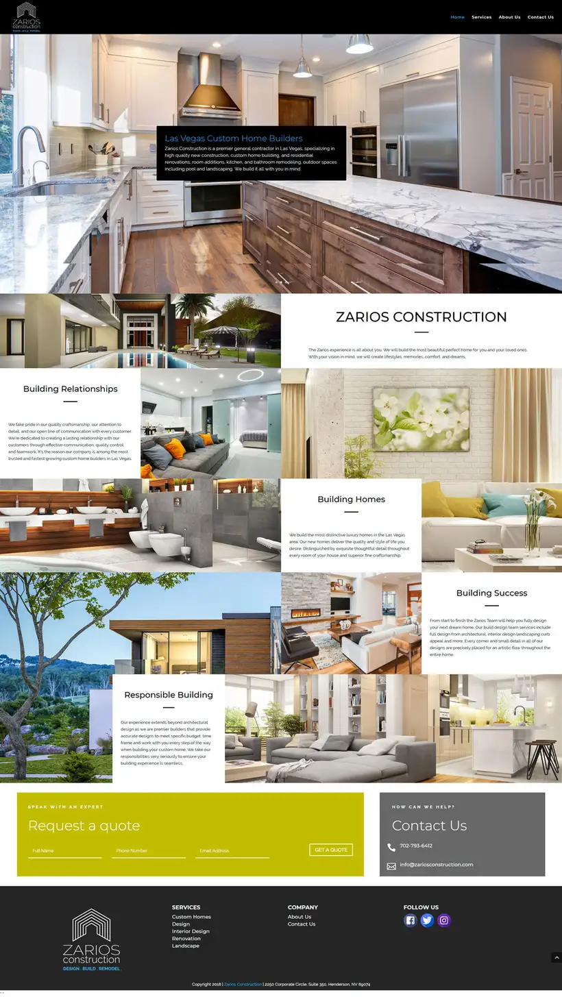 Full Zarios Construction website, top to bottom