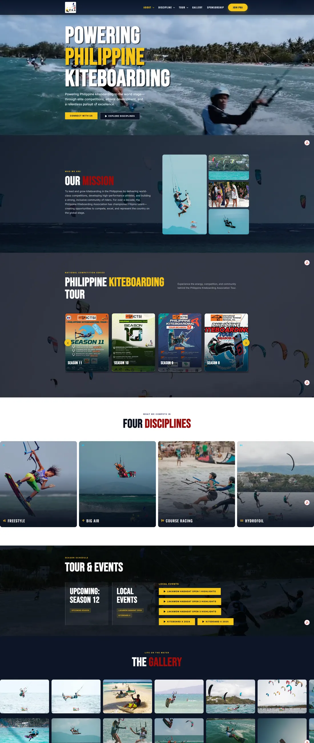 Philippine Kiteboarding Association website: bold POWERING PHILIPPINE KITEBOARDING headline over kiteboarding action shots